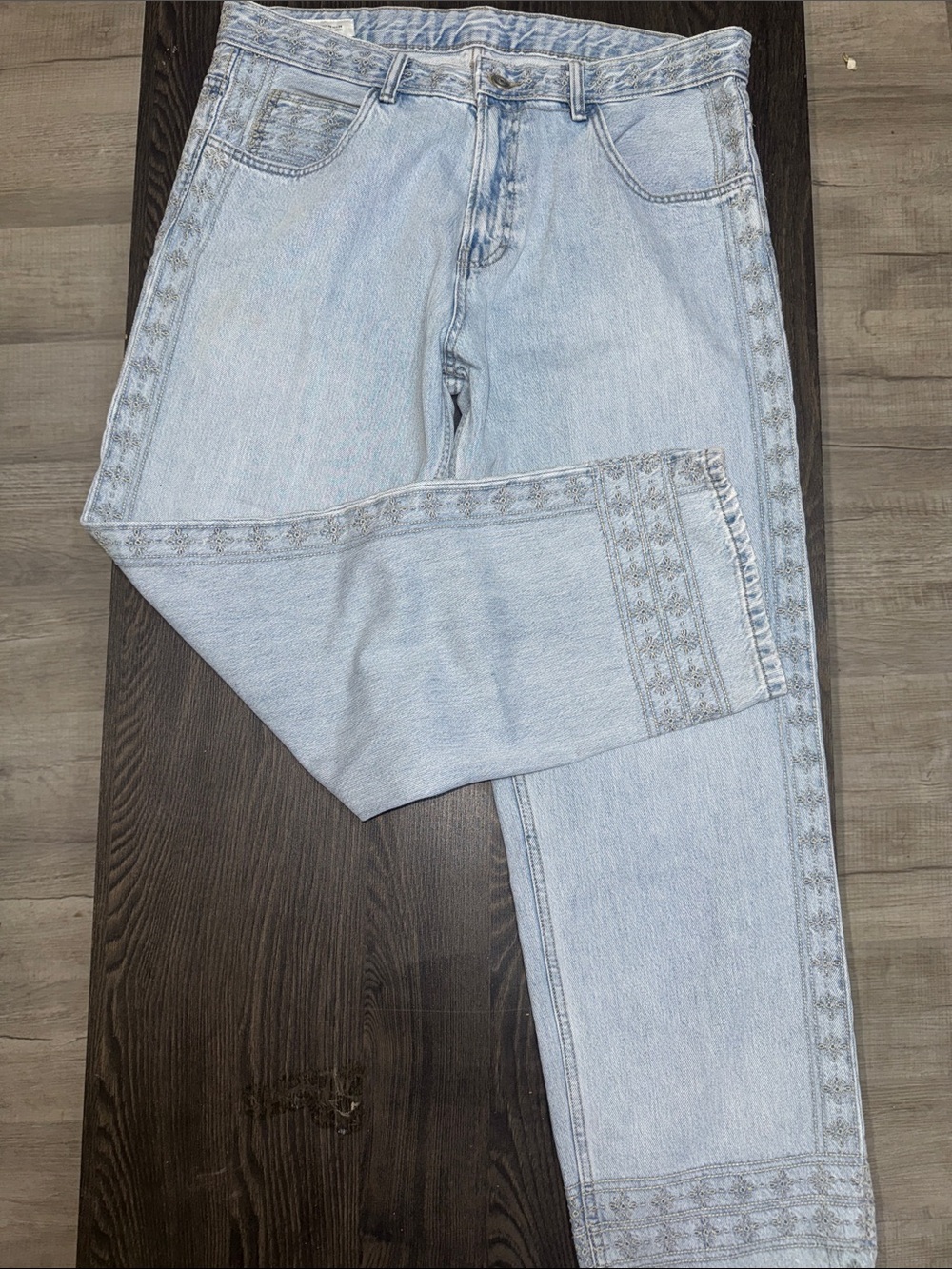 Zara Light Blue Straight Leg Jeans with Side Embroidered Trim